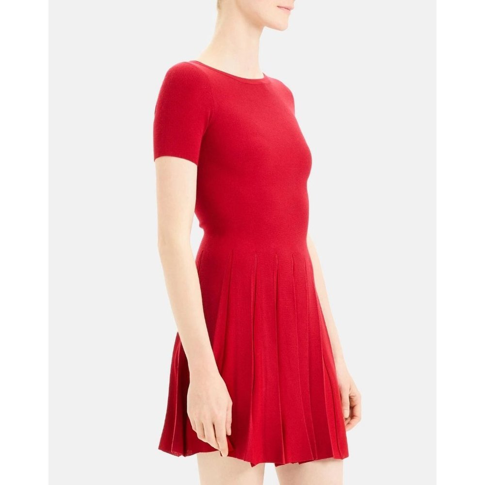 THEORY Pleated Knit Tee Flare Dress Red Large NEW $455 - Picture 3 of 10